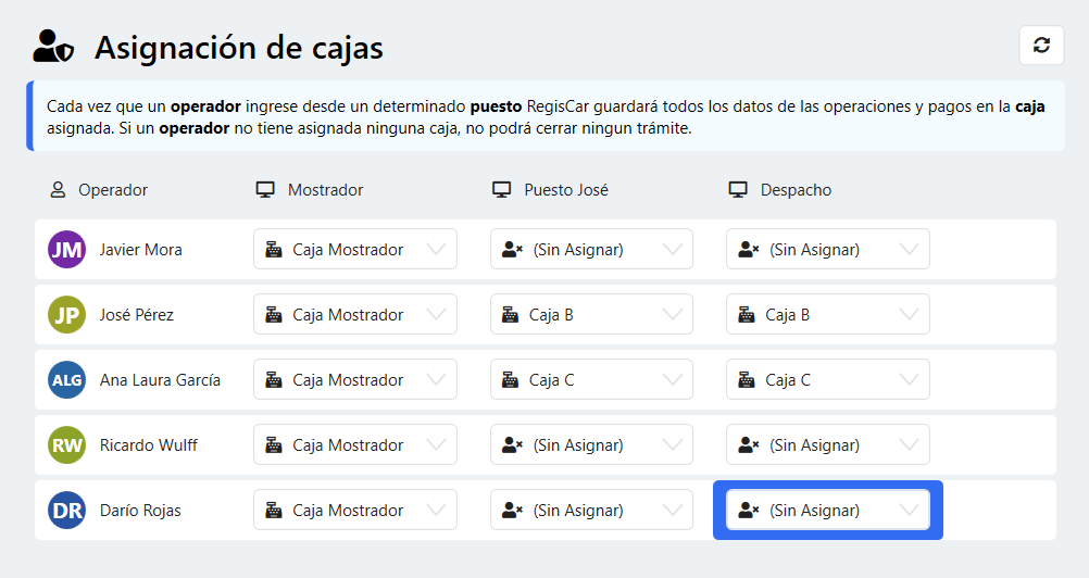 Asignación de cajas