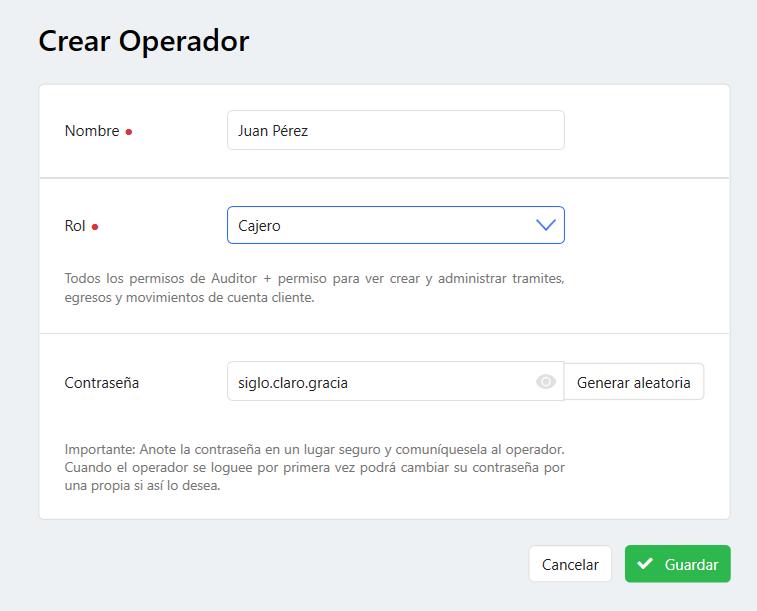 Crear operador