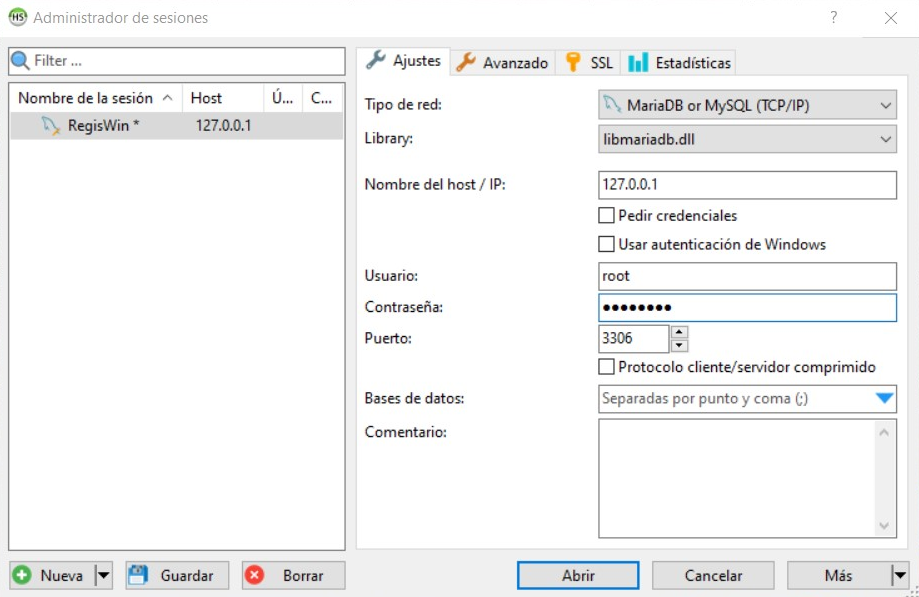 HeidiSQL Administrador de sesiones